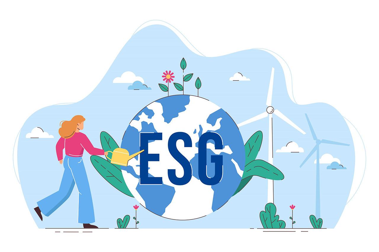 Ilustração de pessoa regando globo com inicias ESG.