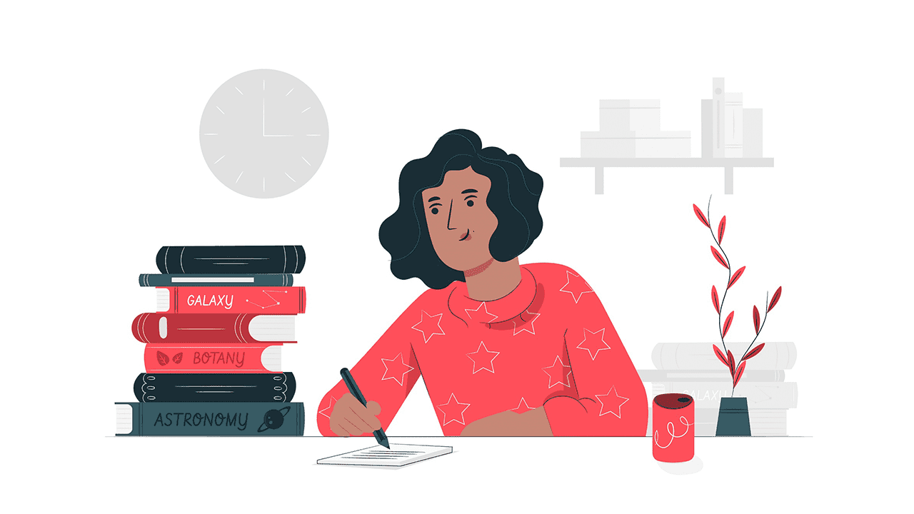 Desenho de mulher estudando em referência aos estudantes que usam normas da ABNT.