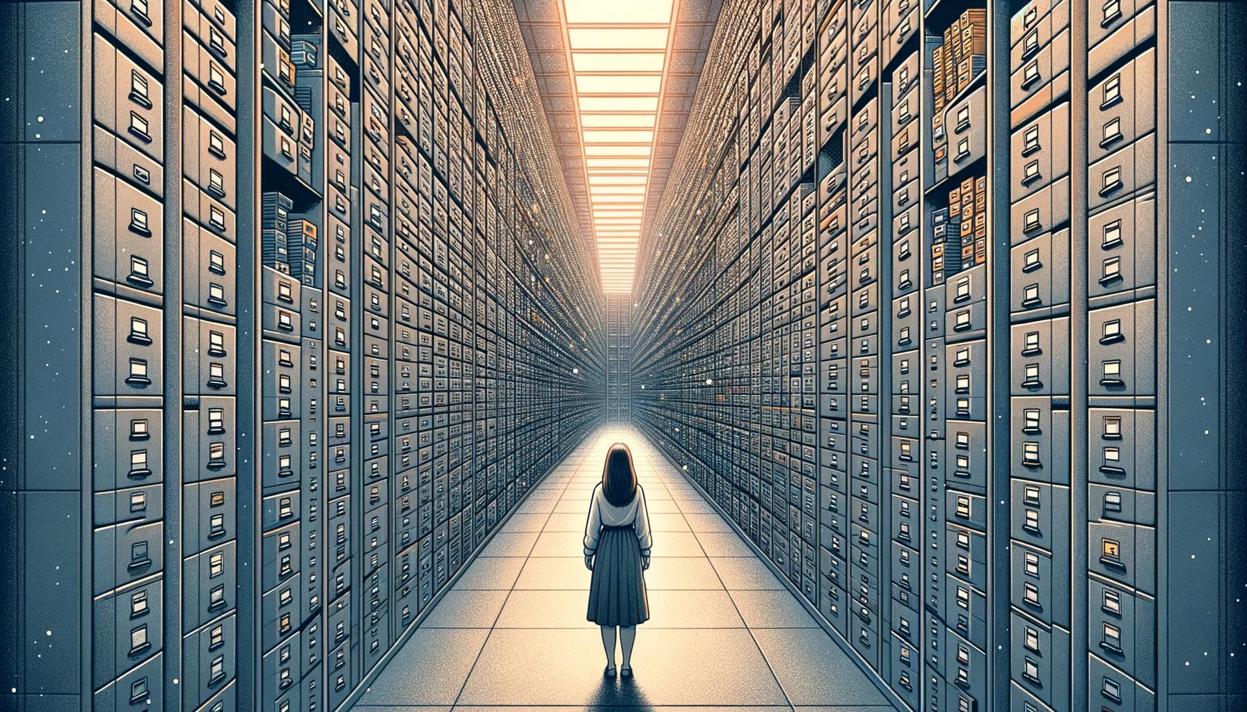 Uma sala bem grande com um monte de gavetas de arquivos, com uma mulher olhando, mostrando o que é gestão de documentos