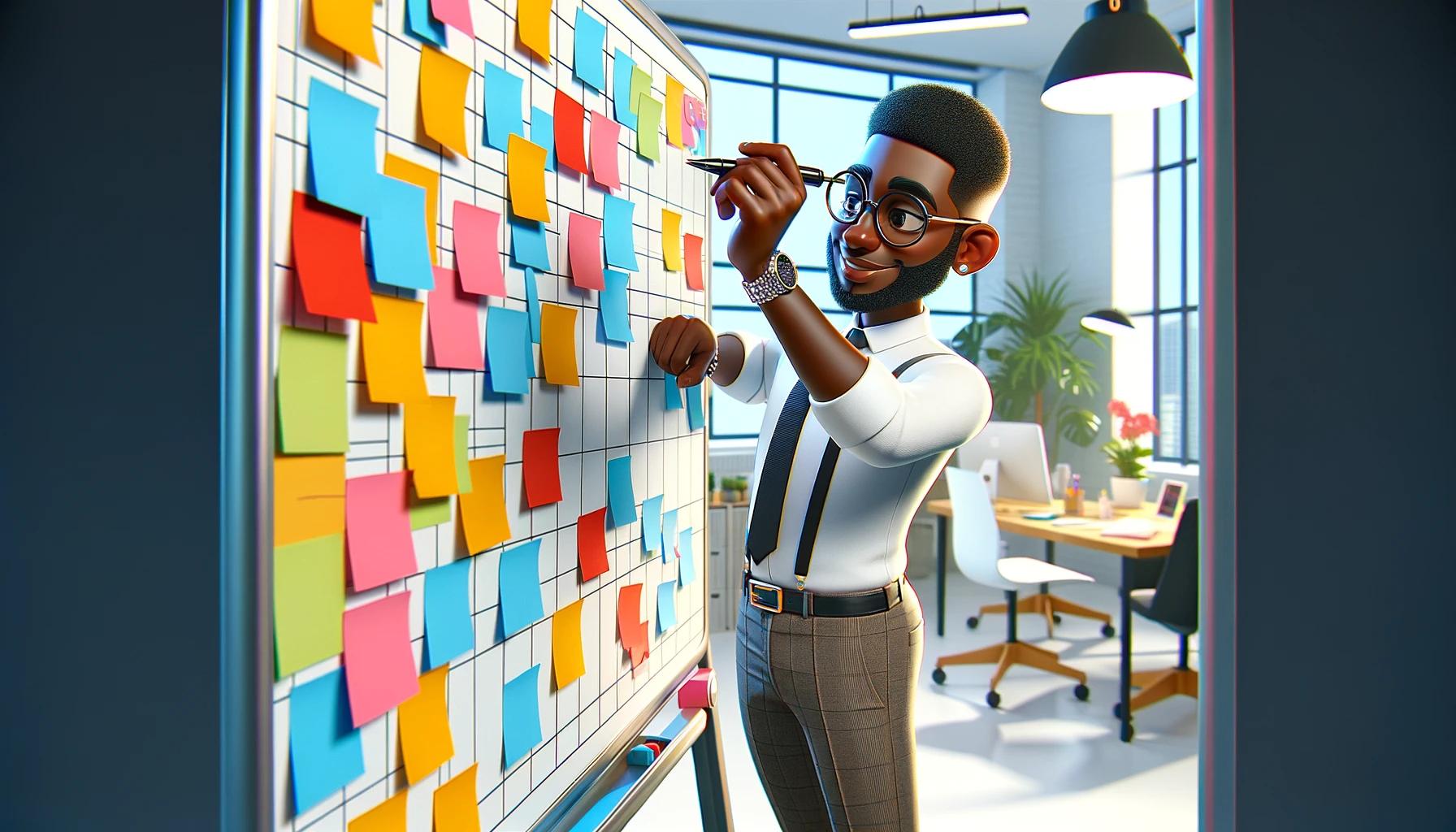 Um homem negro escrevendo em um quadro, montando com a equipe dele um mapa da empatia. Têm vários post-its no quadro.