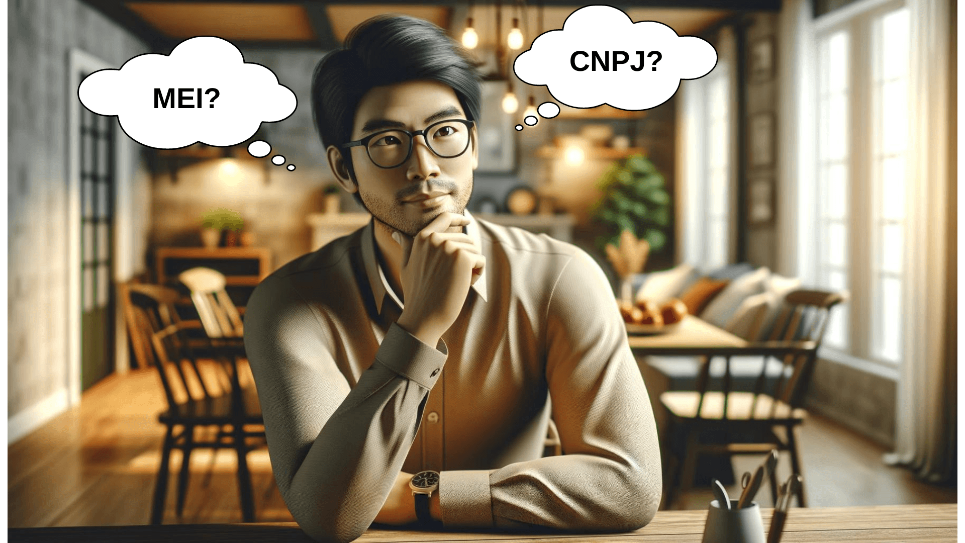 Homem asiático de óculos, sentado em sua cozinha, pensativo, com a mão no queixo, e dois balões de pensamento, cada um escrito MEI e CNPJ, demonstrando que está tentando entender a diferença entre MEI e CNPJ