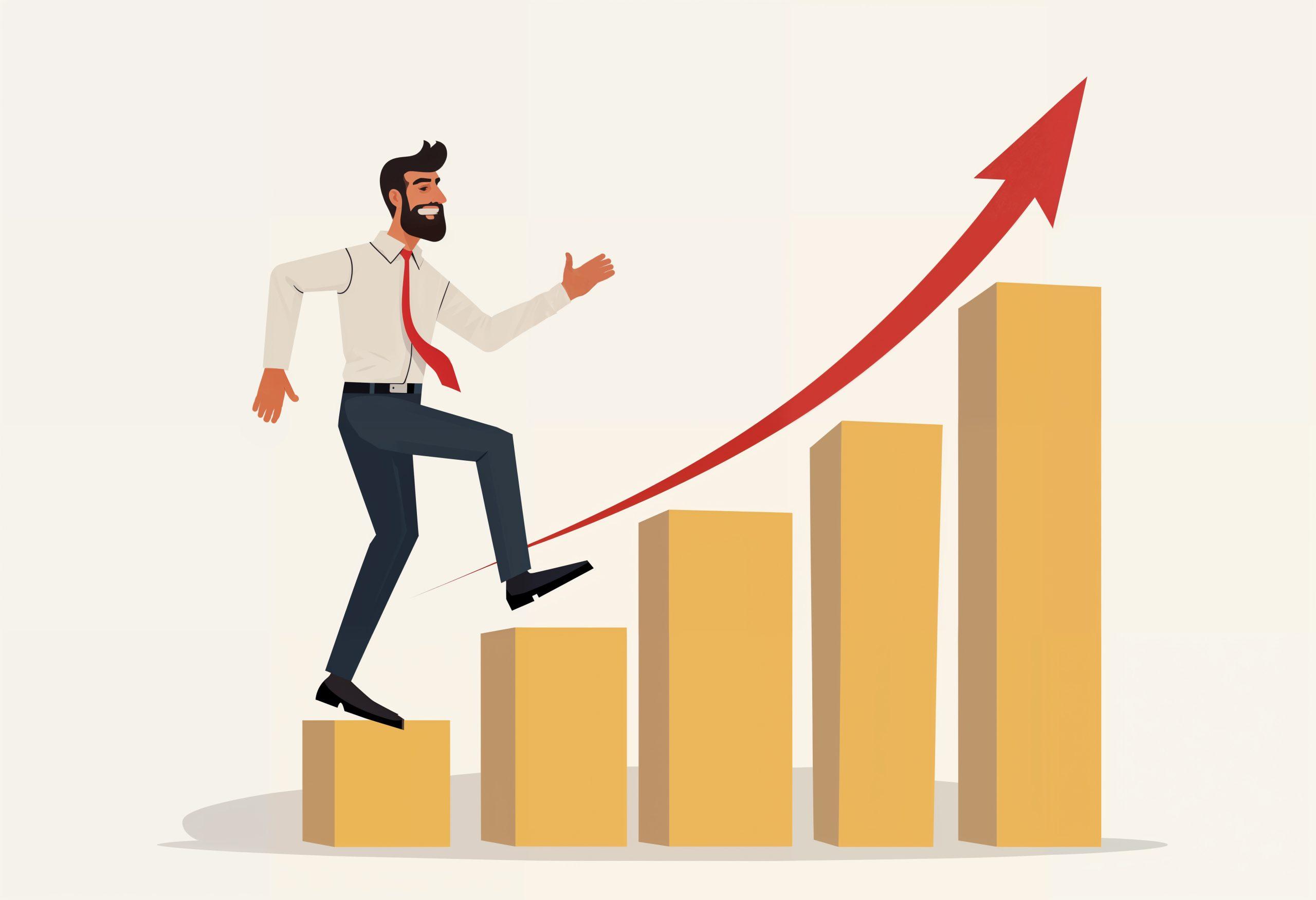Ilustração de um homem subindo degraus que representam barras de crescimento, com uma seta vermelha apontando para cima, simbolizando progressão de carreira e desenvolvimento profissional.
